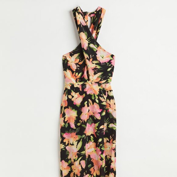 H&M Halterneck Wrap Dress - Black/floral - Ladies XXL - Picture 1 of 2